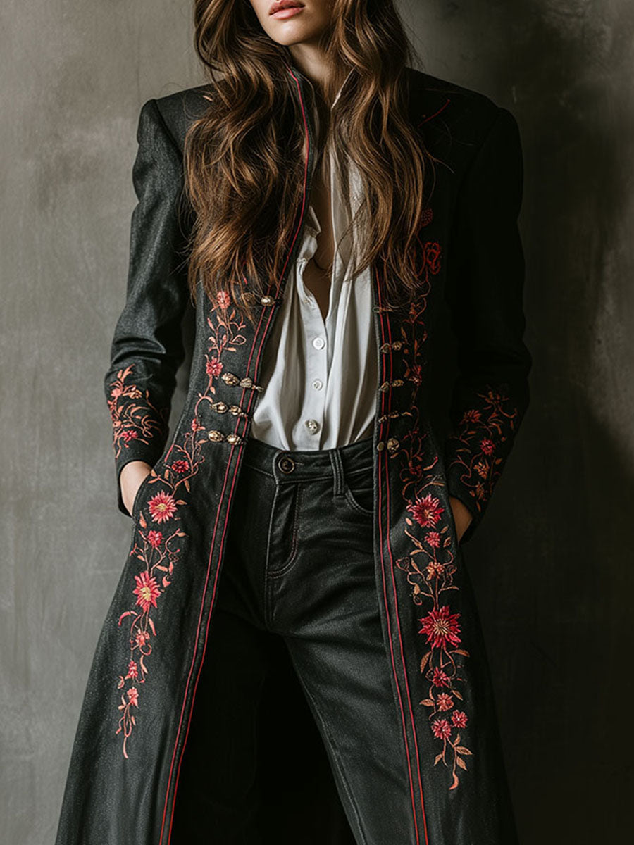 Retro Boho Floral Embroidered Black Long Coat