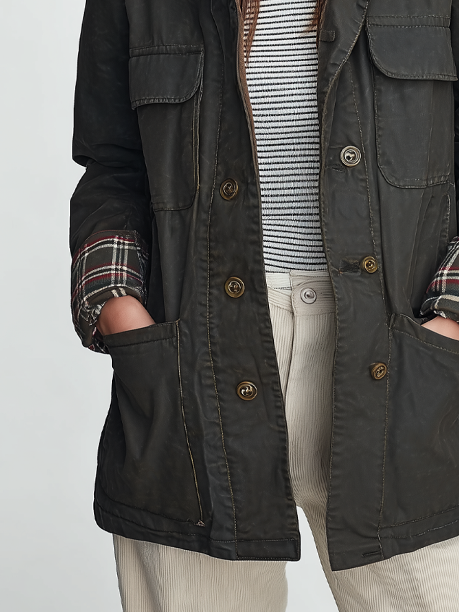 Retro Contrast Collar Plaid Cuffs Barn Jacket
