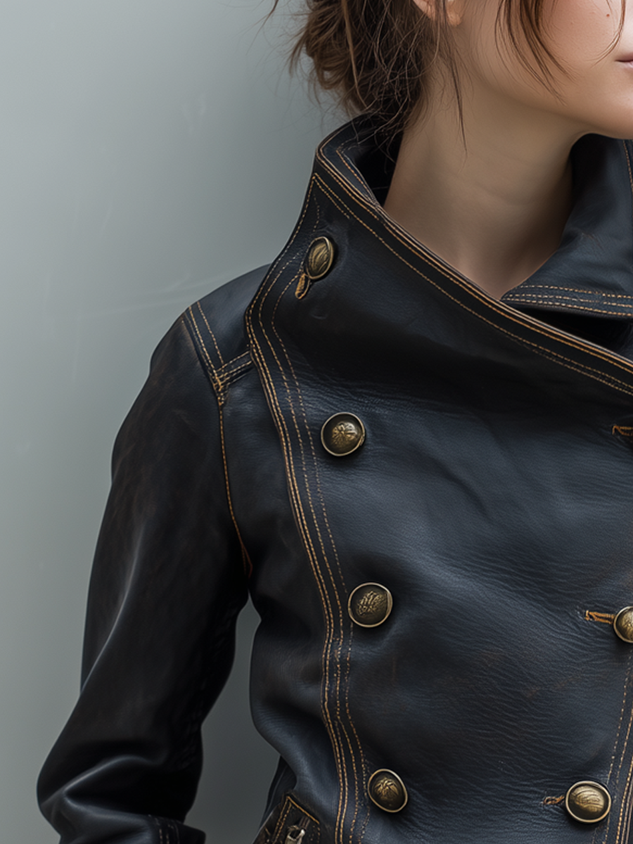 Retro Double-breasted Contrast Stitching Eco-friendly Leather Jacket