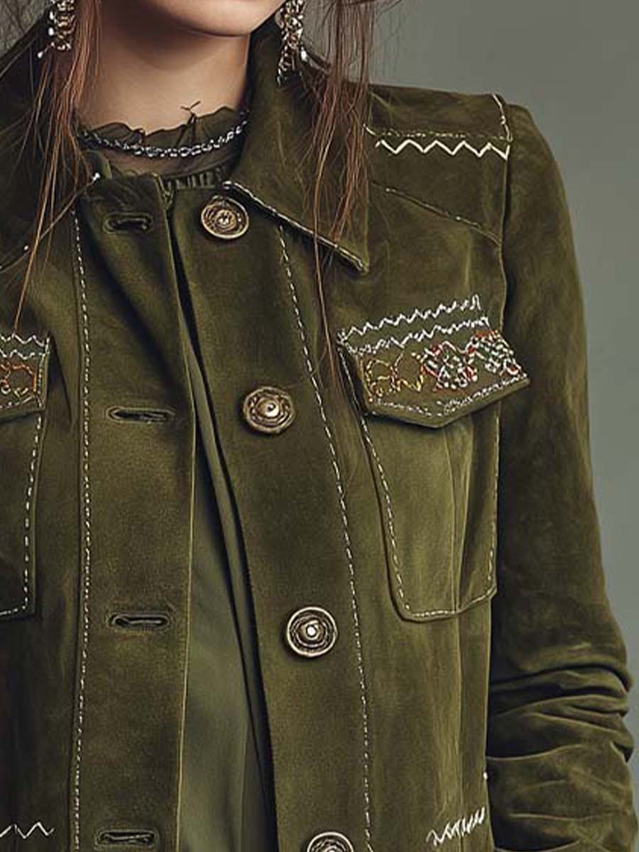 Olive Green Embroidered Suede Longline Coat