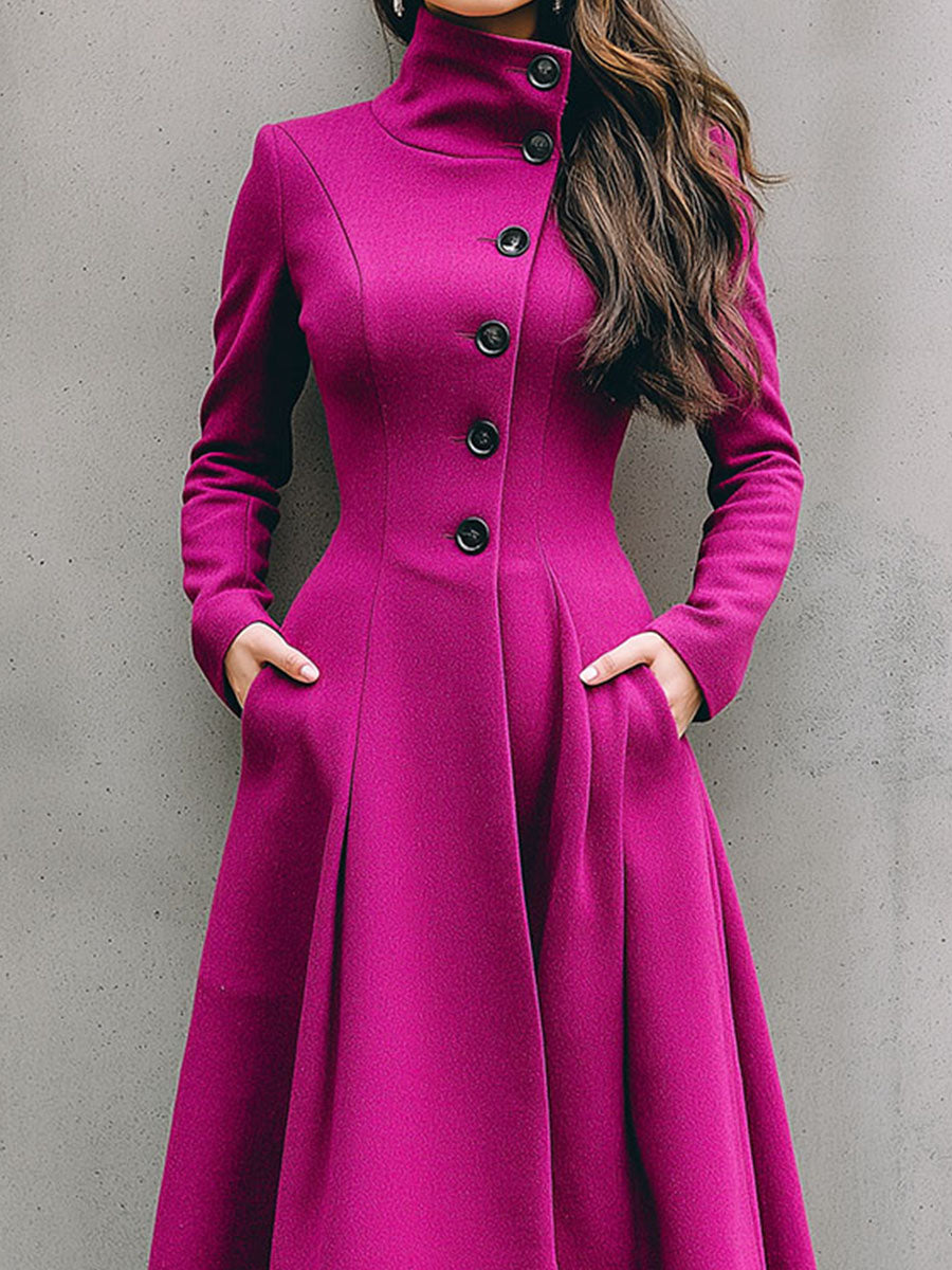 Elegant High Neck Vibrant Pink Wool Blend Flared Midi Coat