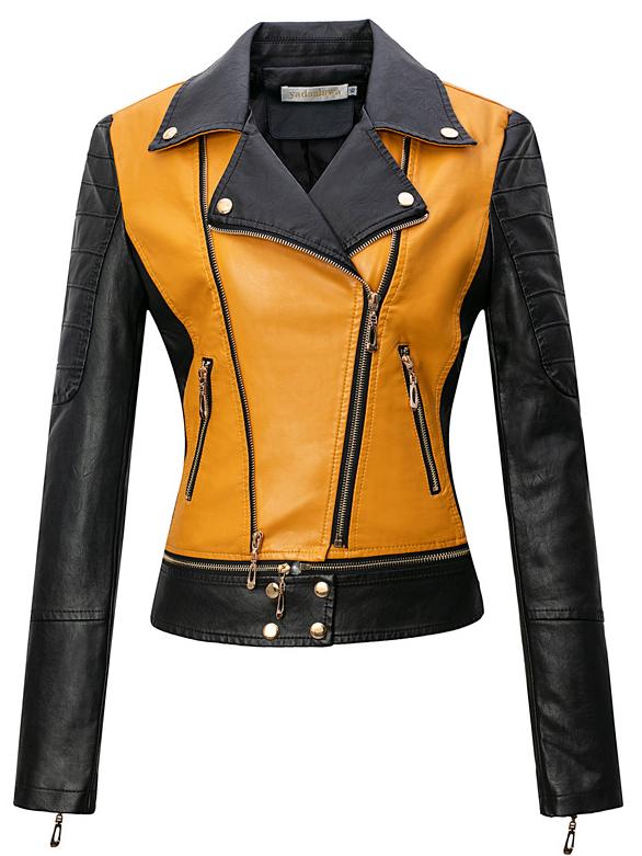 Stylish Snake Print Color Patchwork Leather Jacket