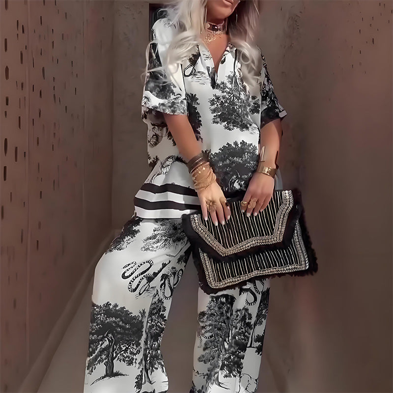 Clothoona - Printed Top with V-Neck + Long Pants