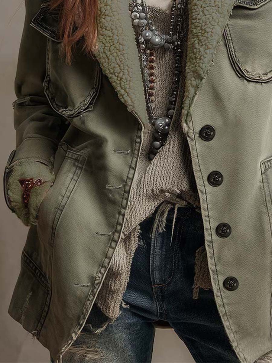 Vintage Olive Green Sherpa-Lined Utility Jacket