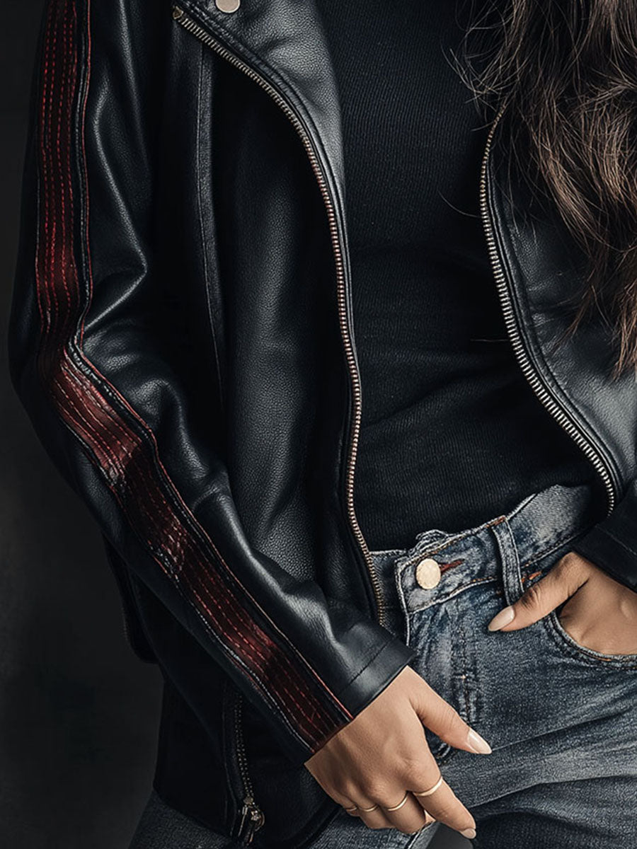 Asymmetric Zipper Black Eco Leather Moto Biker Jacket With Burgundy Stripes