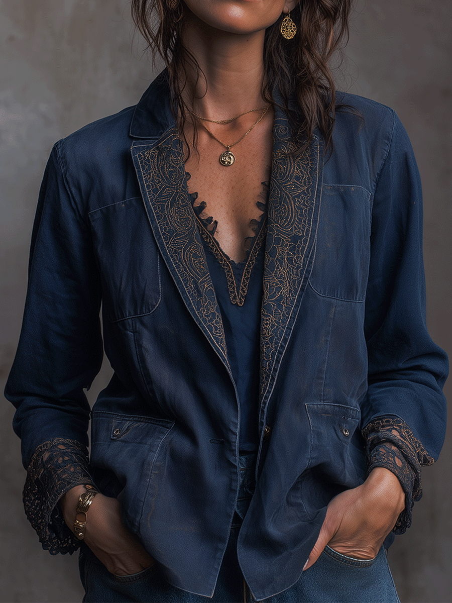 Casual Navy Blue Embroidered Bohemian Blazer