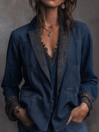 Casual Navy Blue Embroidered Bohemian Blazer