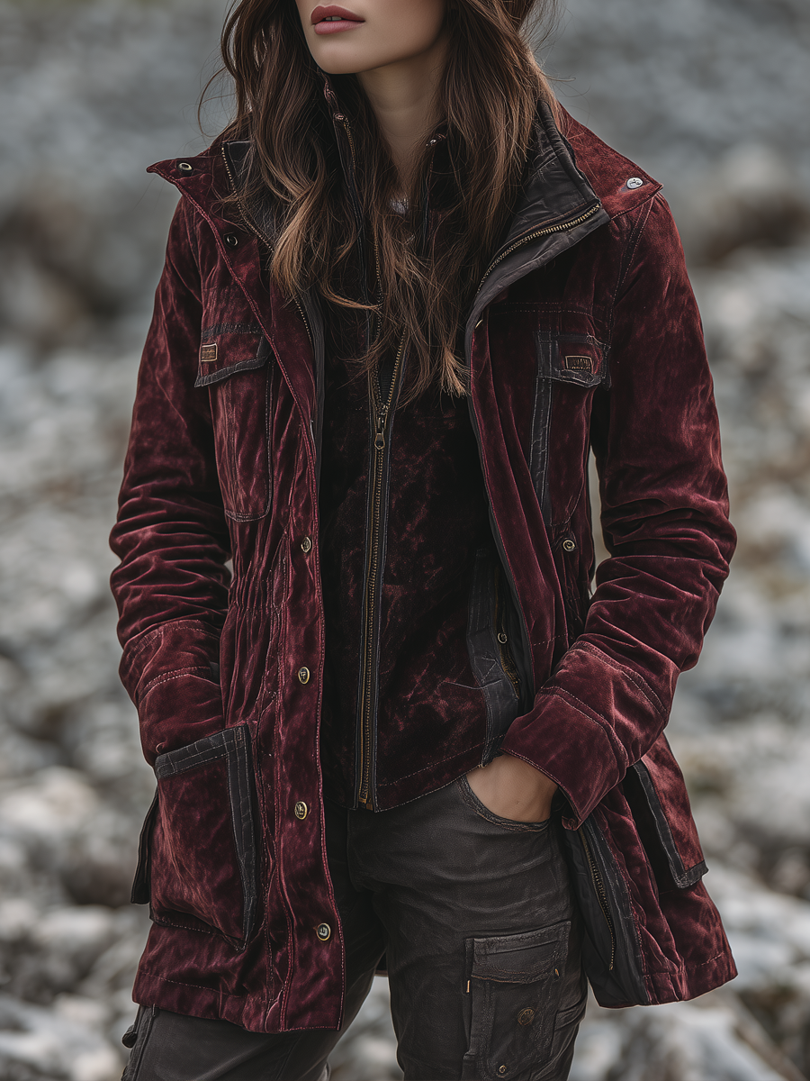 Vintage Contrast Trim Multi-pocket Velvet Cargo Jacket