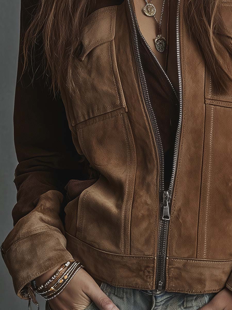 Vintage Suede Patchwork Jacket With Zipper Closure
