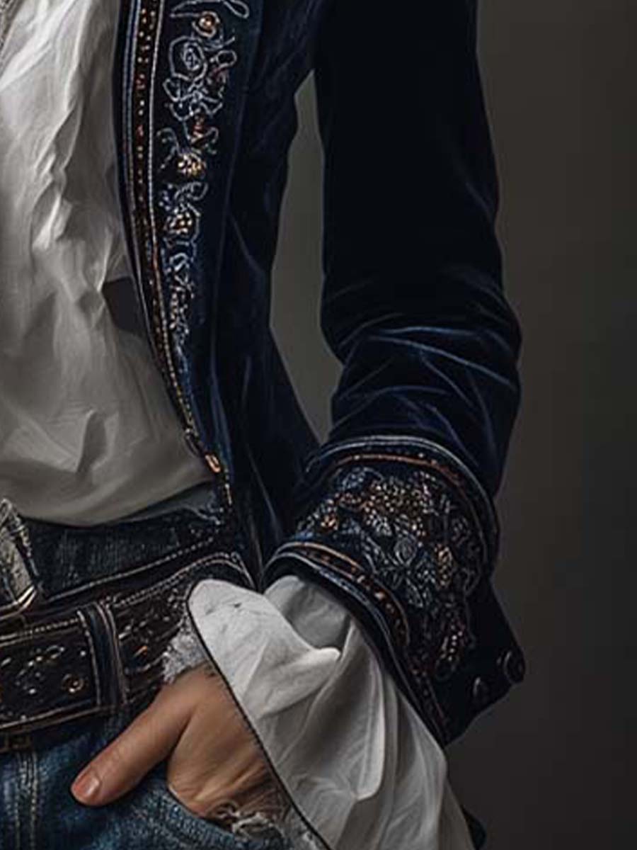 Vintage Navy Velvet Embroidered Long Jacket