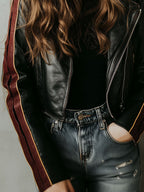 Black Eco Leather Moto Biker Jacket With Burgundy Side Stripes