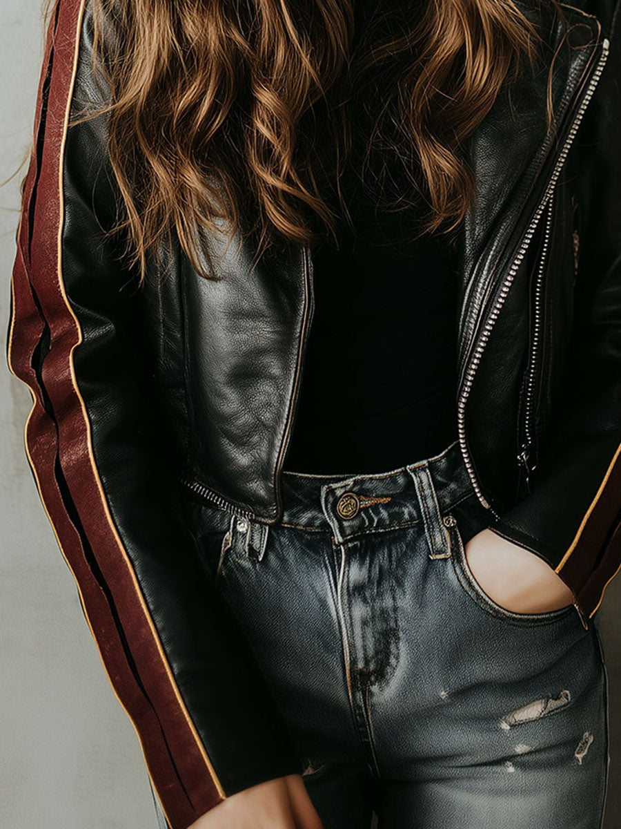 Black Eco Leather Moto Biker Jacket With Burgundy Side Stripes