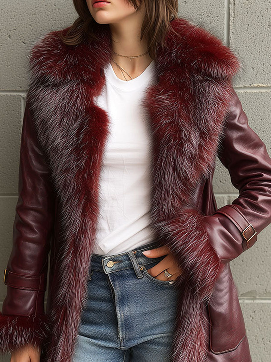 Vintage Burgundy Eco Leather Trench Coat  With Eco Fur Collar & Cuffs