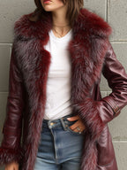 Vintage Burgundy Eco Leather Trench Coat  With Eco Fur Collar & Cuffs