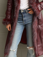 Vintage Burgundy Eco Leather Trench Coat  With Eco Fur Collar & Cuffs