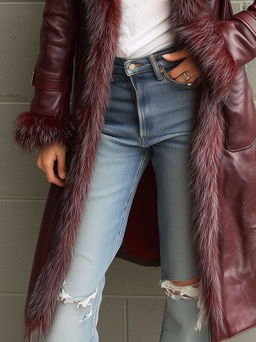 Vintage Burgundy Eco Leather Trench Coat  With Eco Fur Collar & Cuffs