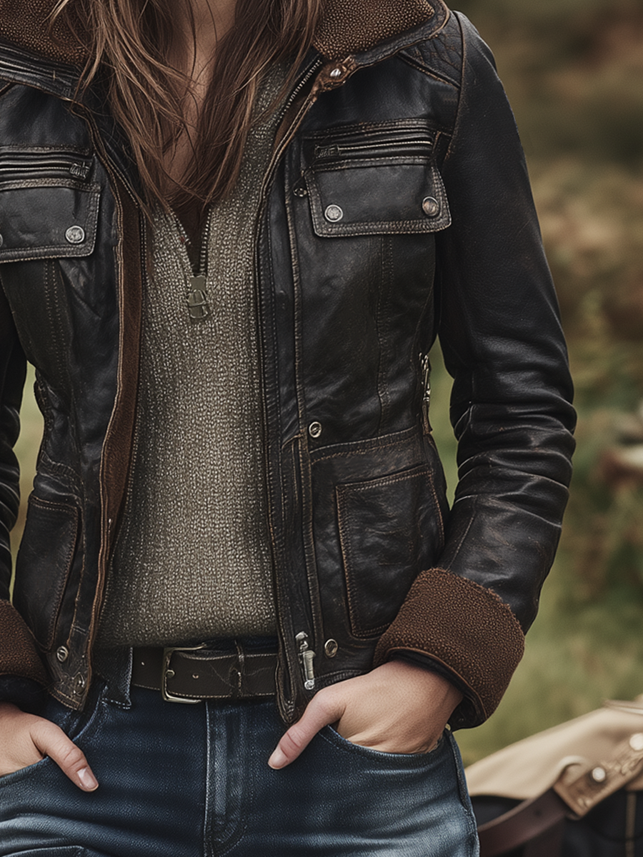 Vintage Multi-pocket Contrast Color Plush Lining Eco-friendly Leather Jacket
