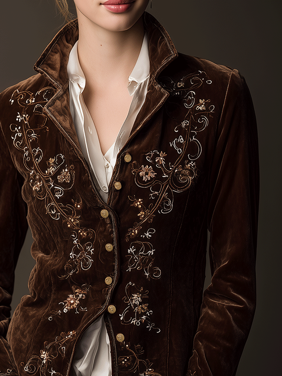 Vintage Floral Embroidery Brown Velvet Blazer