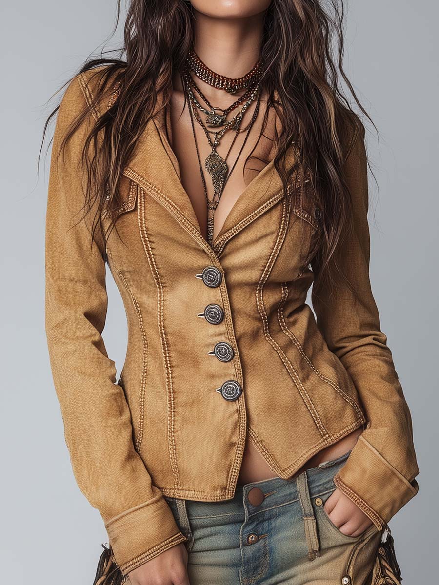 Slim-fit Vintage-style Washed Khaki Denim Jacket