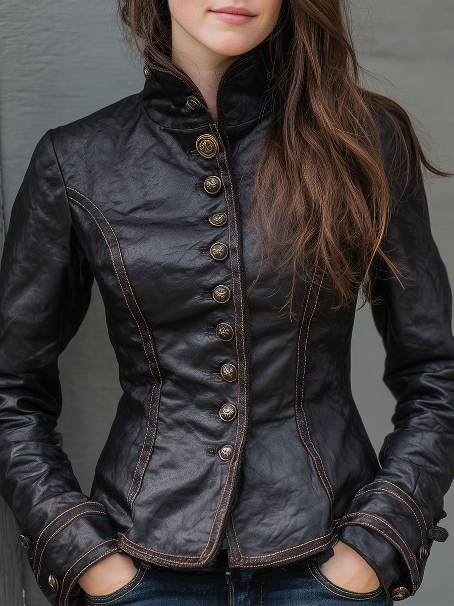 Retro Stand Collar Metal Button Pu Jacket