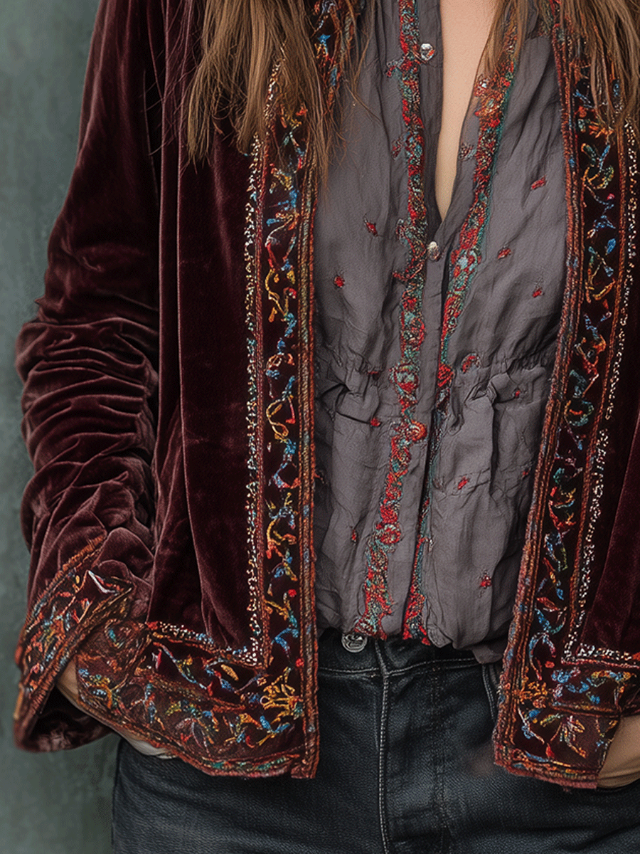 Bohemian Embroidered Velvet Jacket