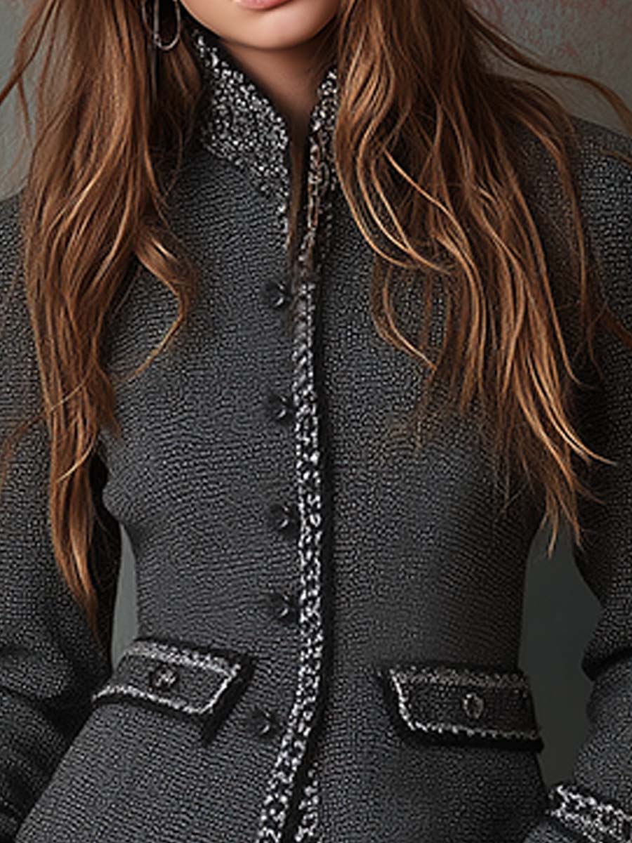 Vintage-Inspired Black Tweed Trim Blazer