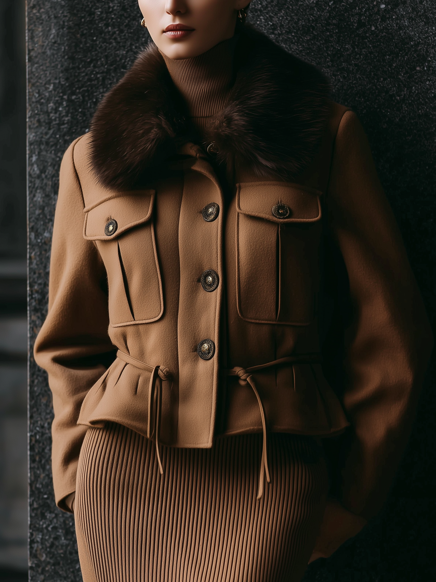 Vintage Military Style Wool Blend Fur Collar Jacket