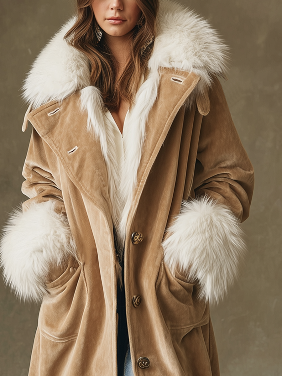 Retro Fur Collar Loose Velvet Coat