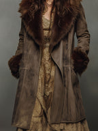 Vintage Suede Fur Collar Patchwork Mid-length Coat