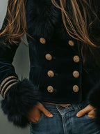 Retro Black Velvet Double-Breasted Tailored Jacket With Eco Fur Trim