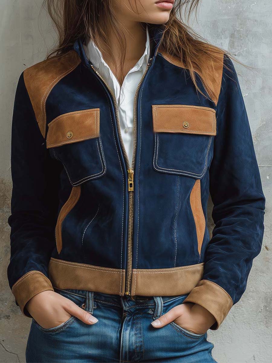 Vintage Navy Suede Contrast Utility Jacket