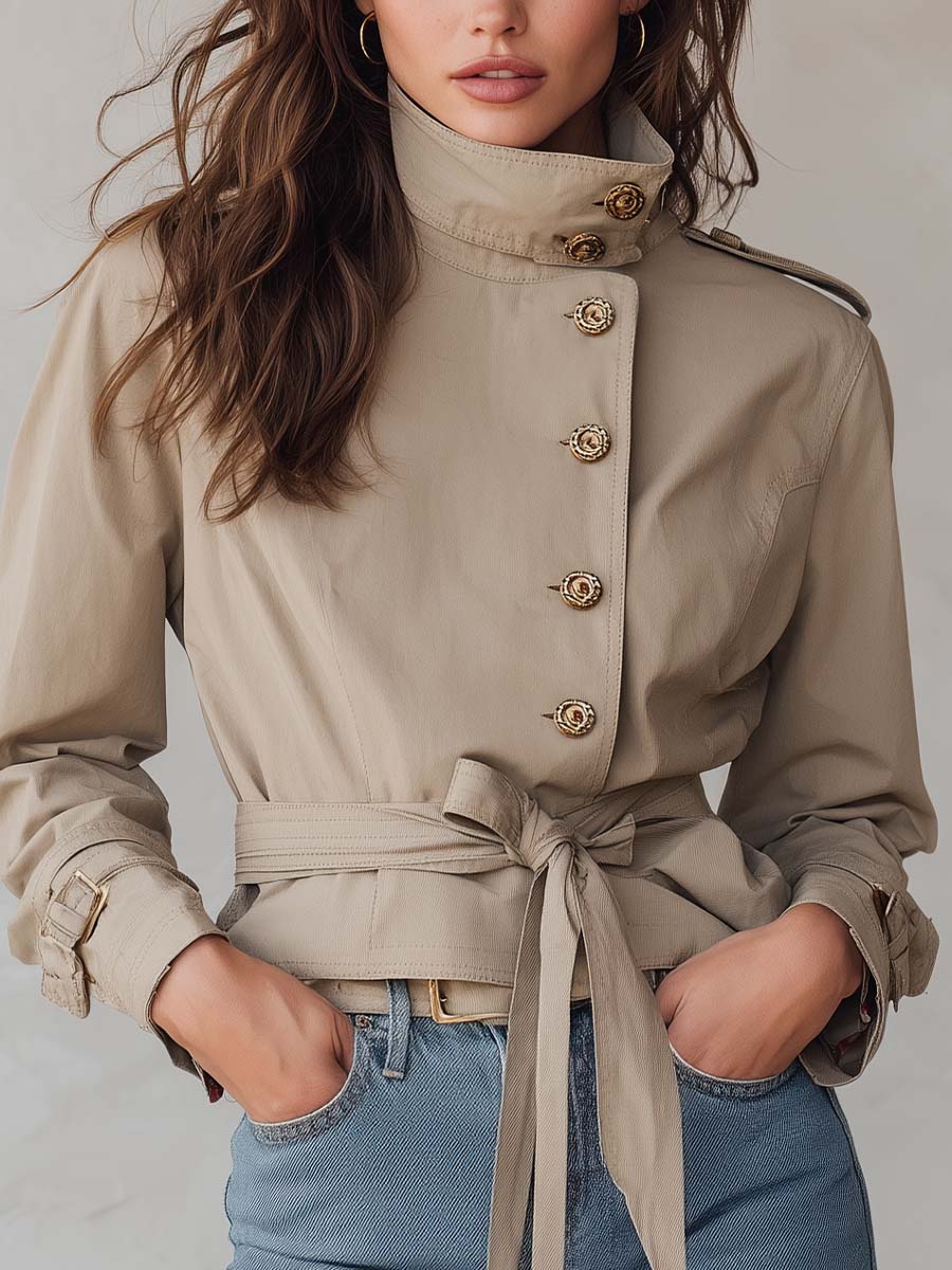 Vintage Khaki Belted Military-Inspired Jacket