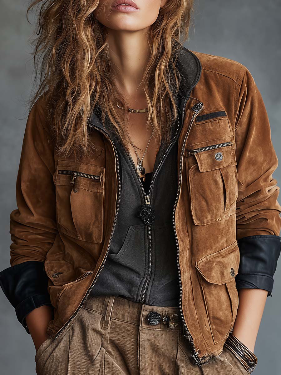 Vintage Suede Utility Jacket With Leather Trim