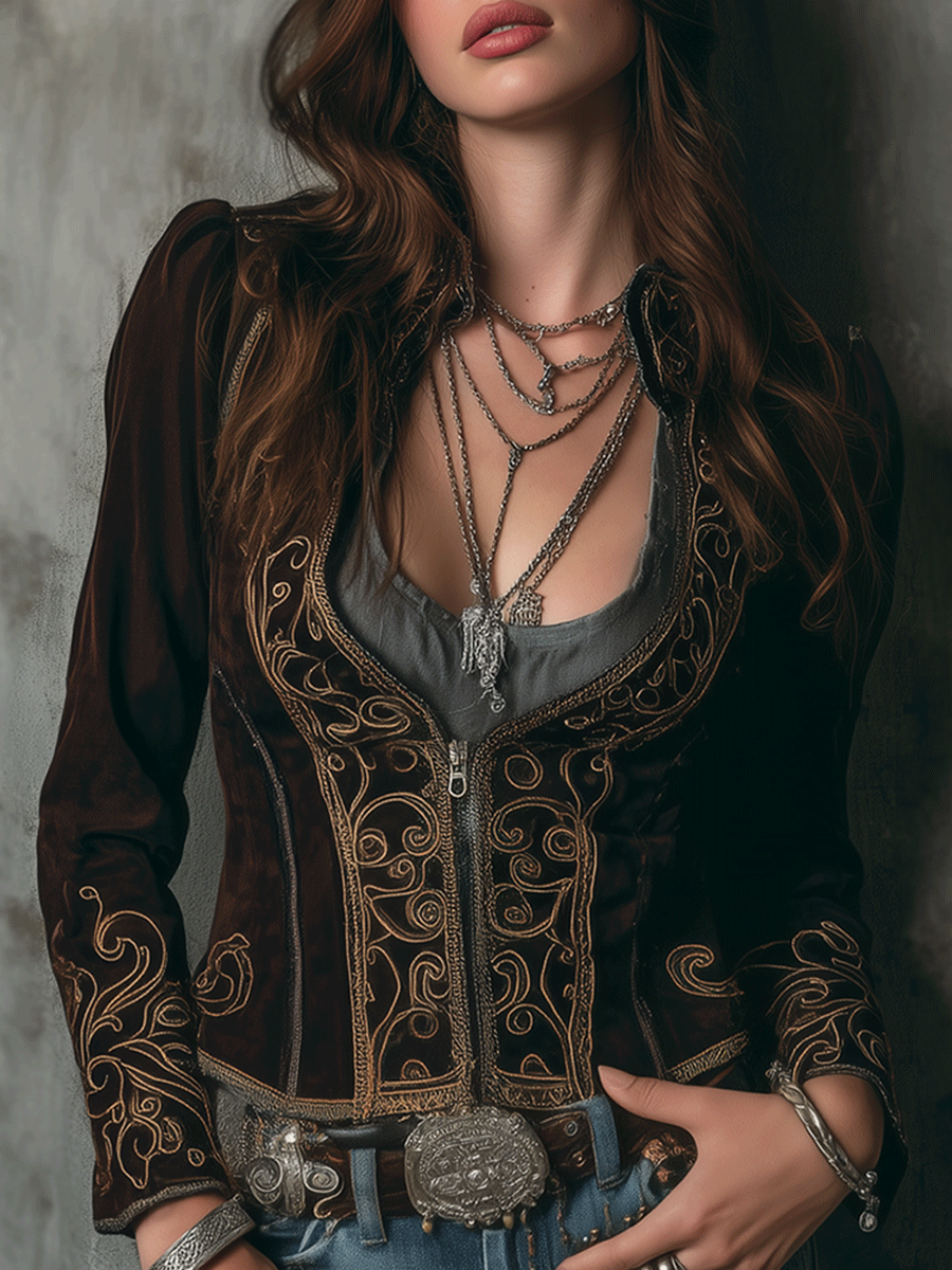 Vintage Brown Velvet Gold Baroque Embroidery Jacket