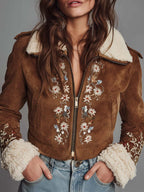 Embroidered Suede Shearling Jacket