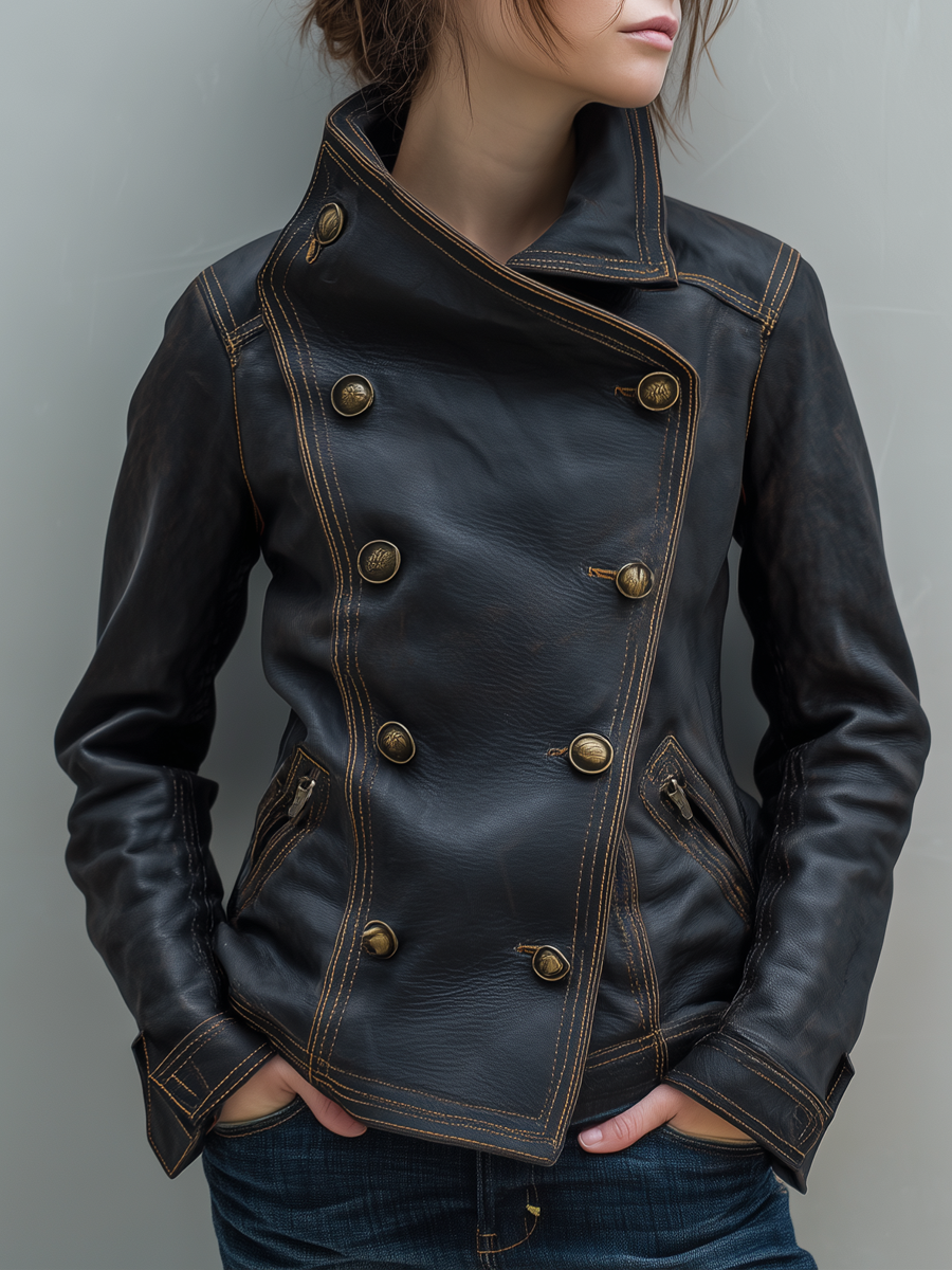 Retro Double-breasted Contrast Stitching Eco-friendly Leather Jacket