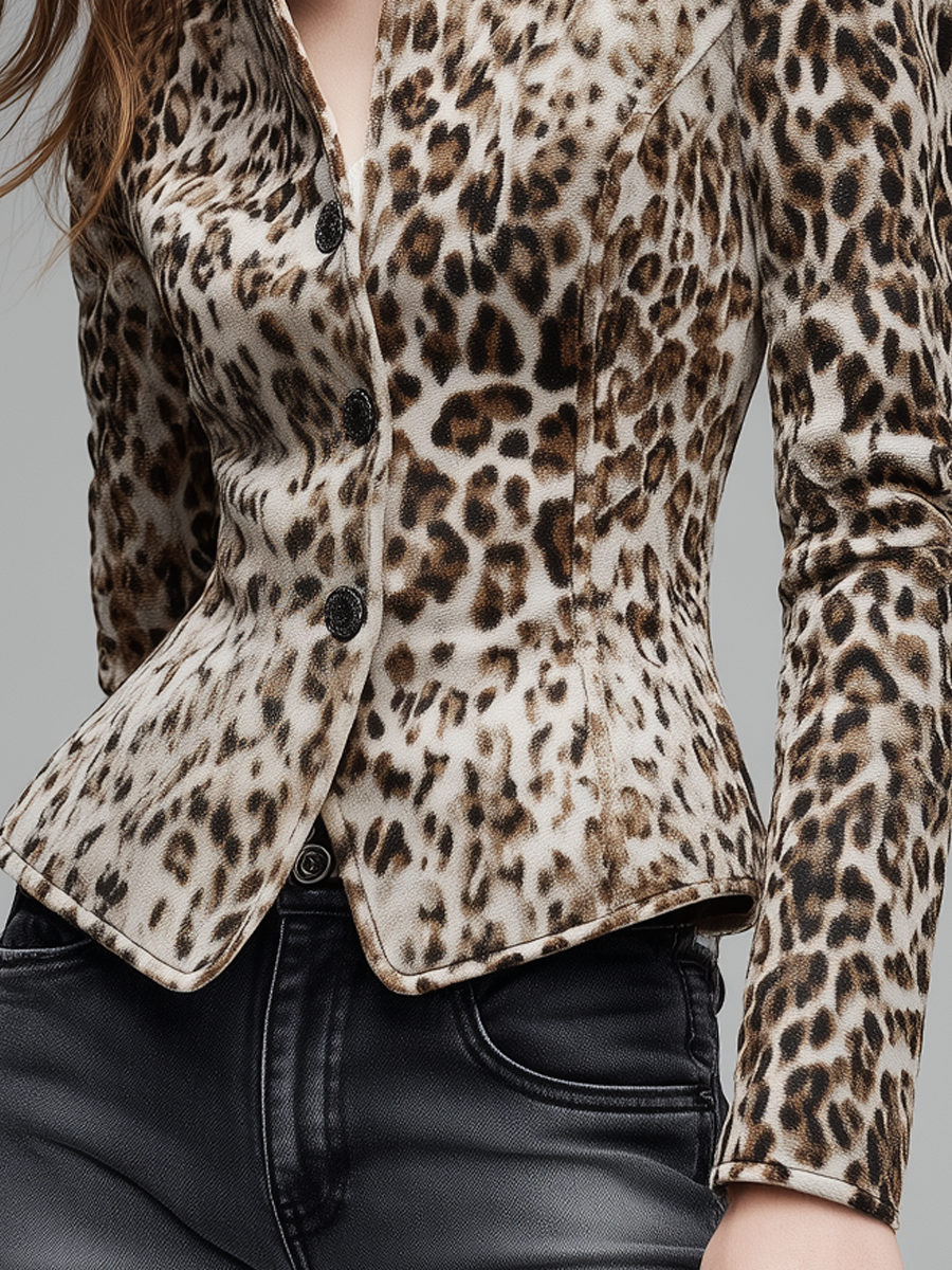 Vintage Stand-up Collar Leopard Print Eco-suede Jacket