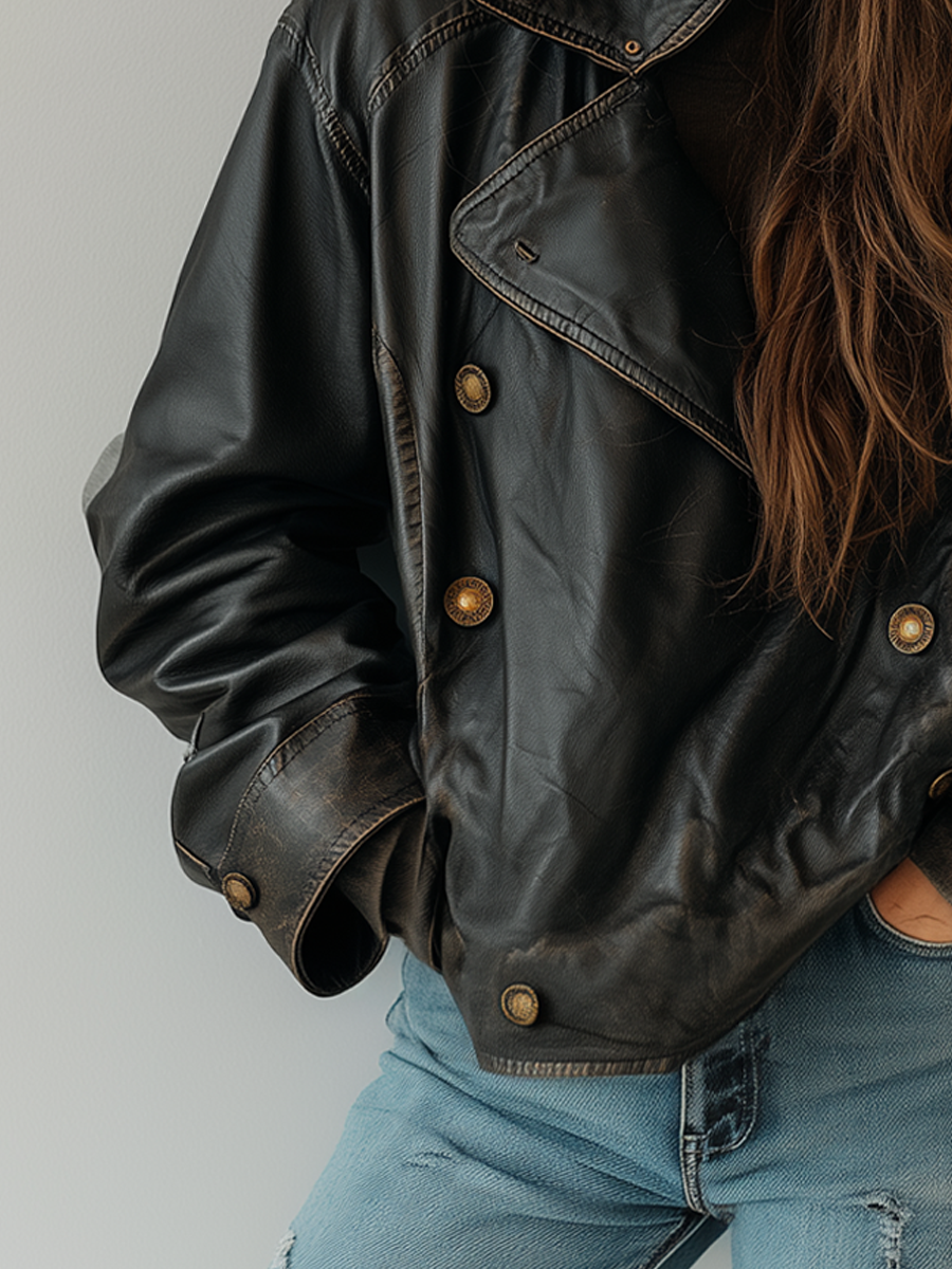 Vintage Double-breasted Lapel Eco-friendly Leather Jacket