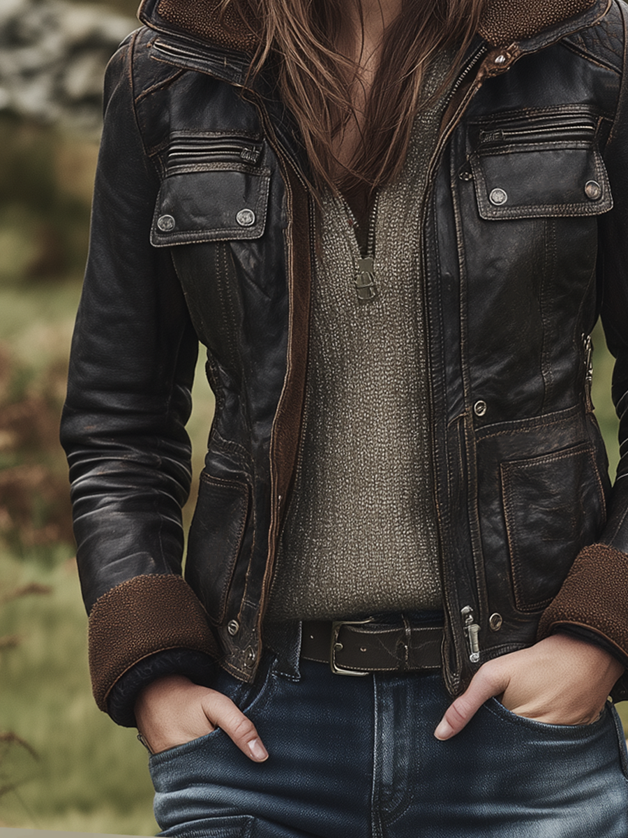 Vintage Multi-pocket Contrast Color Plush Lining Eco-friendly Leather Jacket