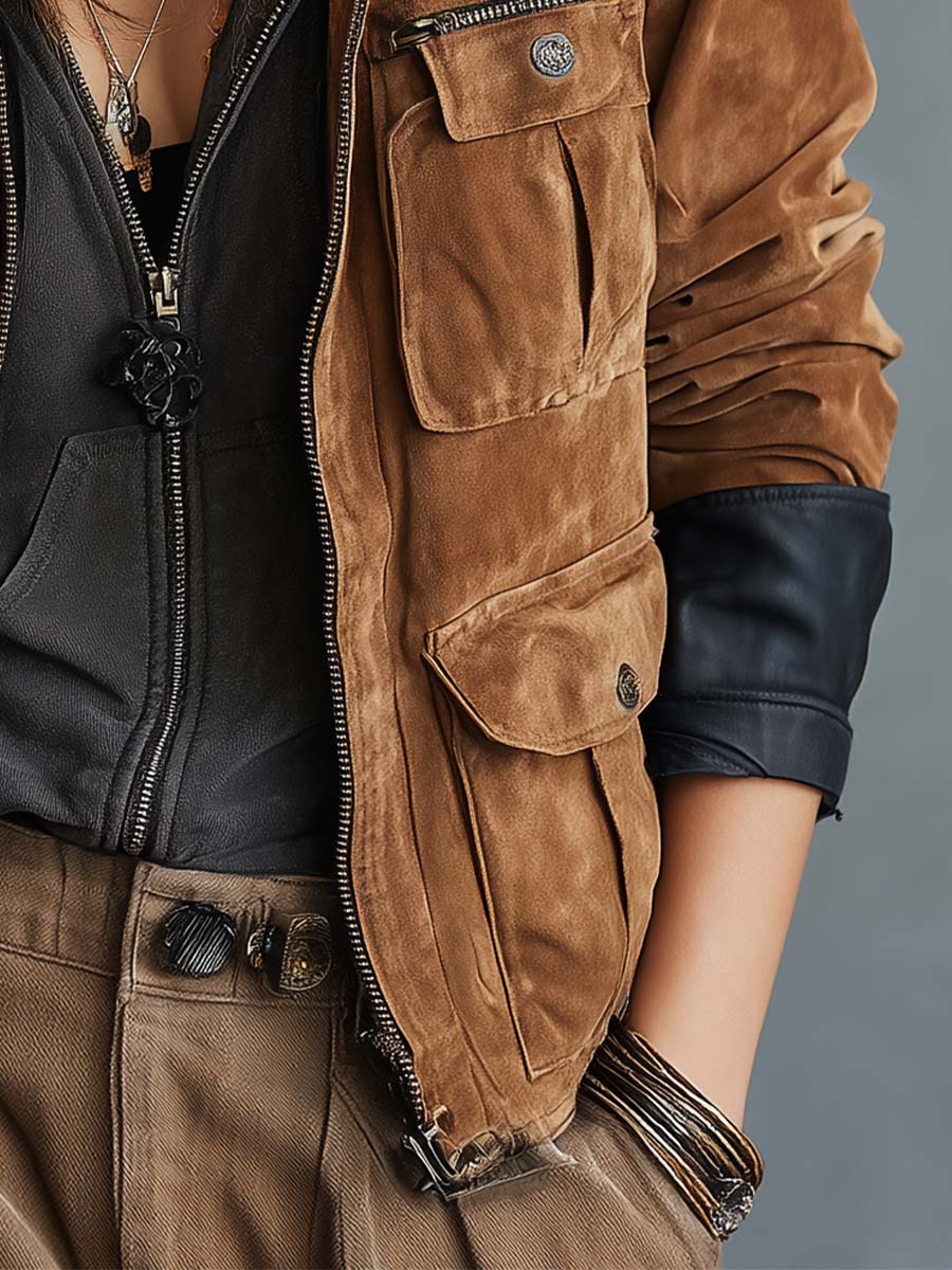 Vintage Suede Utility Jacket With Leather Trim