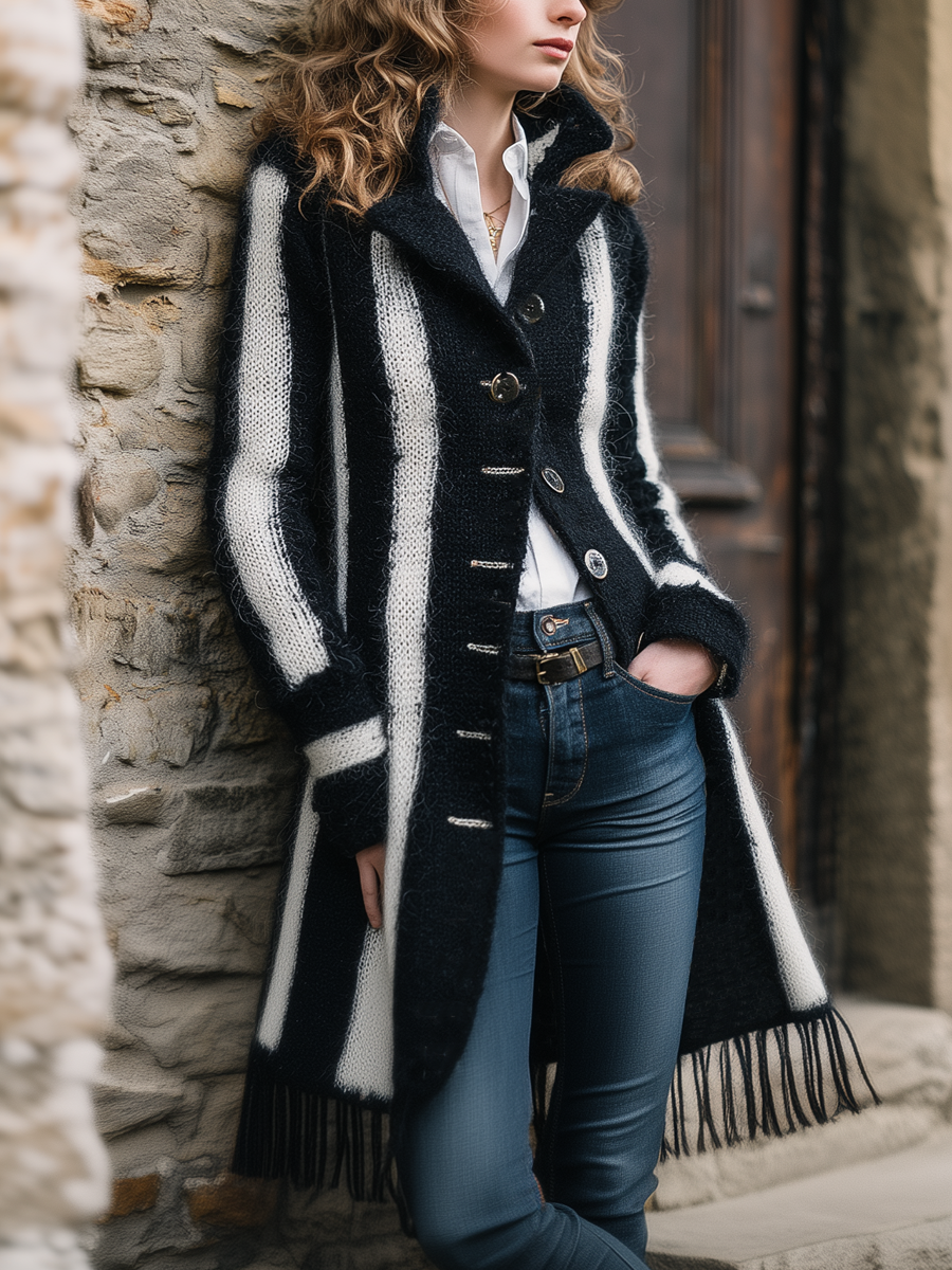 Vintage Striped Fringed Hem Knitted Jacket