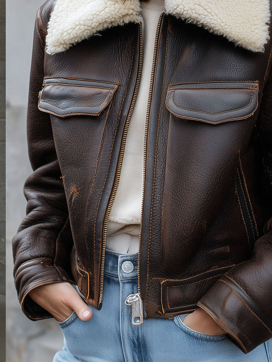 Brown Shearling Eco Leather Aviator Bomber Jacket With Warm Fleece Collar
