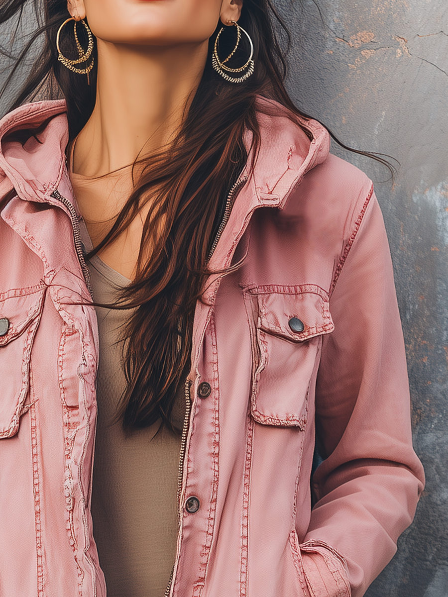 Vintage Hooded Washed Long-sleeved Denim Jacket