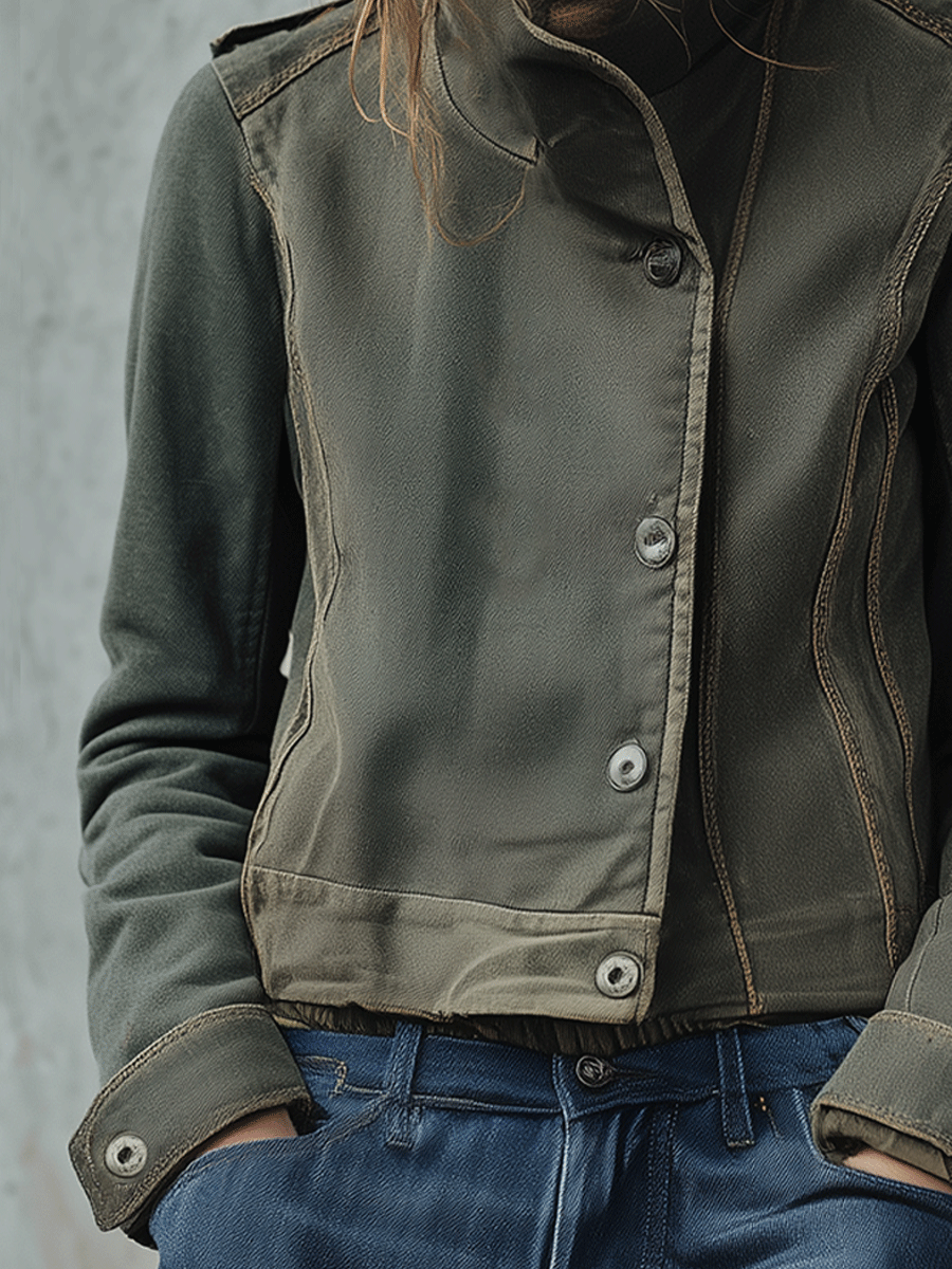 Casual Loose Olive Green Military Cropped Jacket