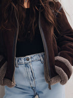 Chic Brown Microsuede Shearling Aviator Jacket With Fleece Lining