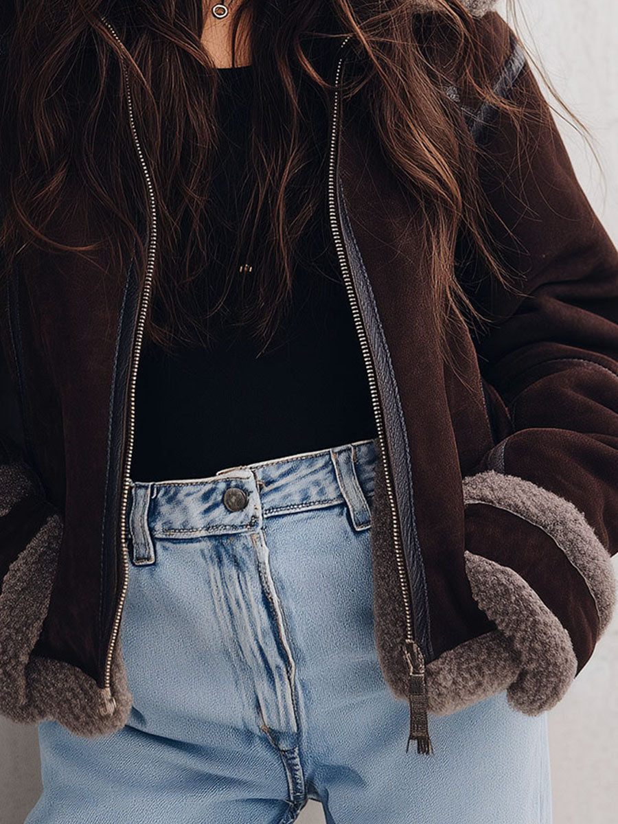 Chic Brown Microsuede Shearling Aviator Jacket With Fleece Lining