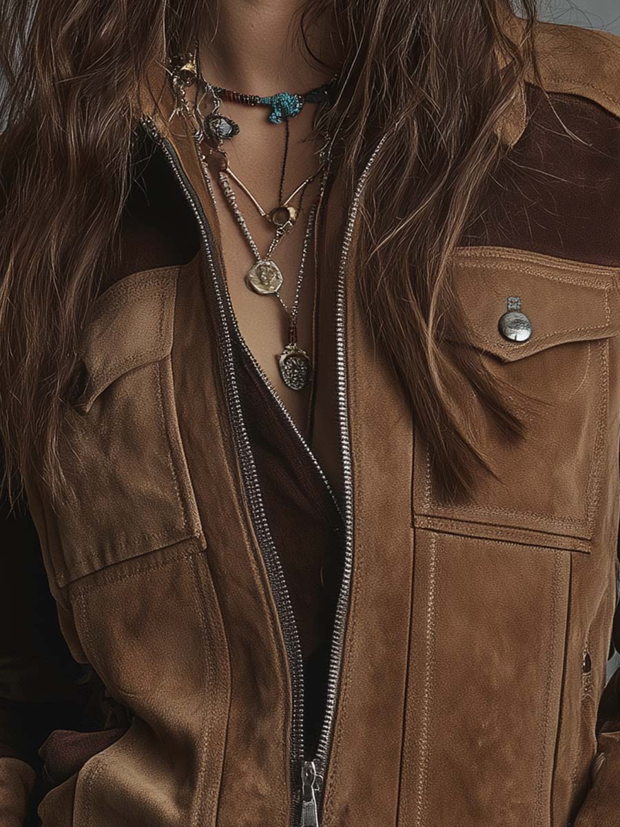 Vintage Suede Patchwork Jacket With Zipper Closure