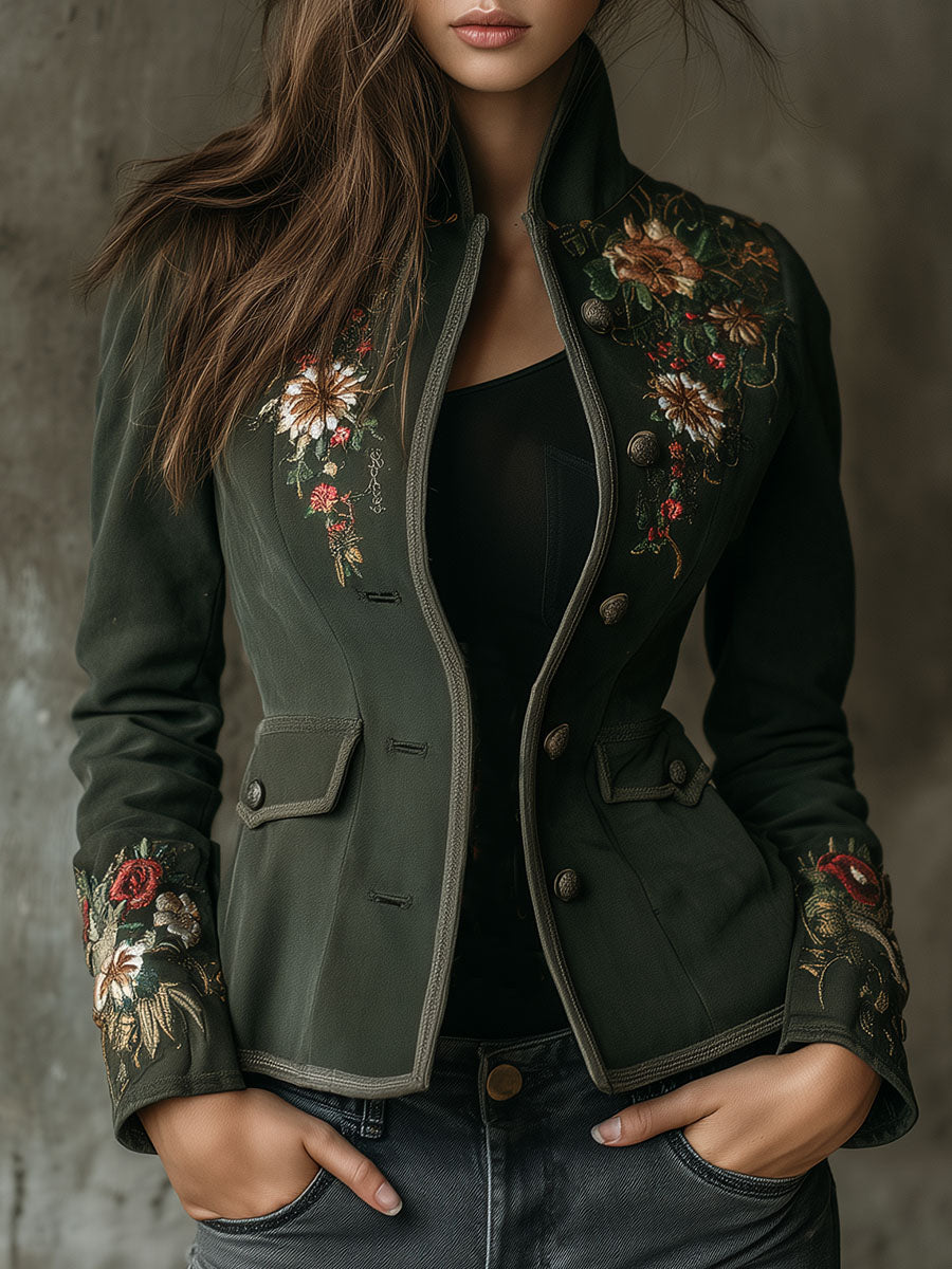 Retro Dark Gree Floral Embroidered Tailored Jacket With Pockets