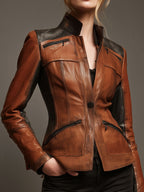 High Collar Brown And Black Leather Fitted Moto Jacket With Zipper Pockets