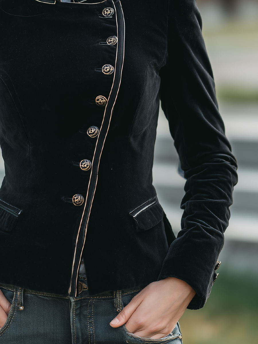Vintage Stand-up Collar Irregular Metal Button Velvet Jacket